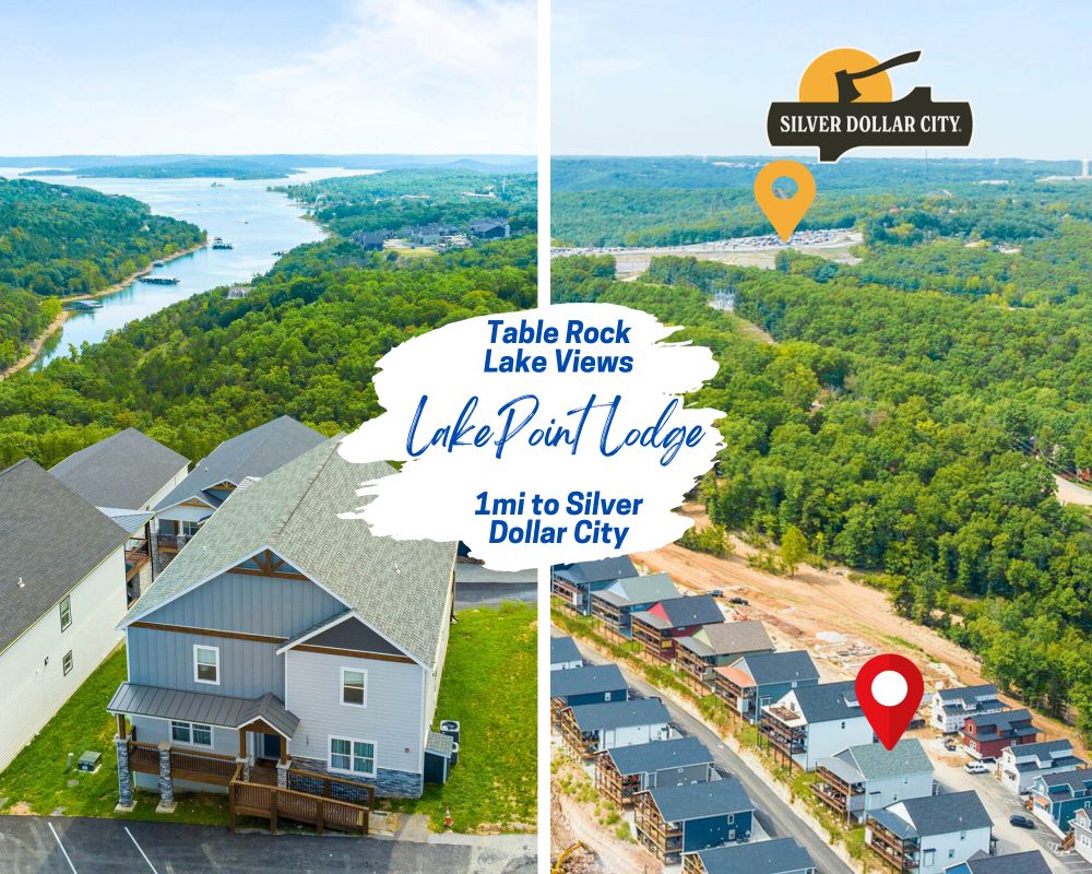 LAKEPOINT LODGE is a 9-bedroom retreat with stunning Table Rock Lake views, just 1 mile from Silver Dollar City.
