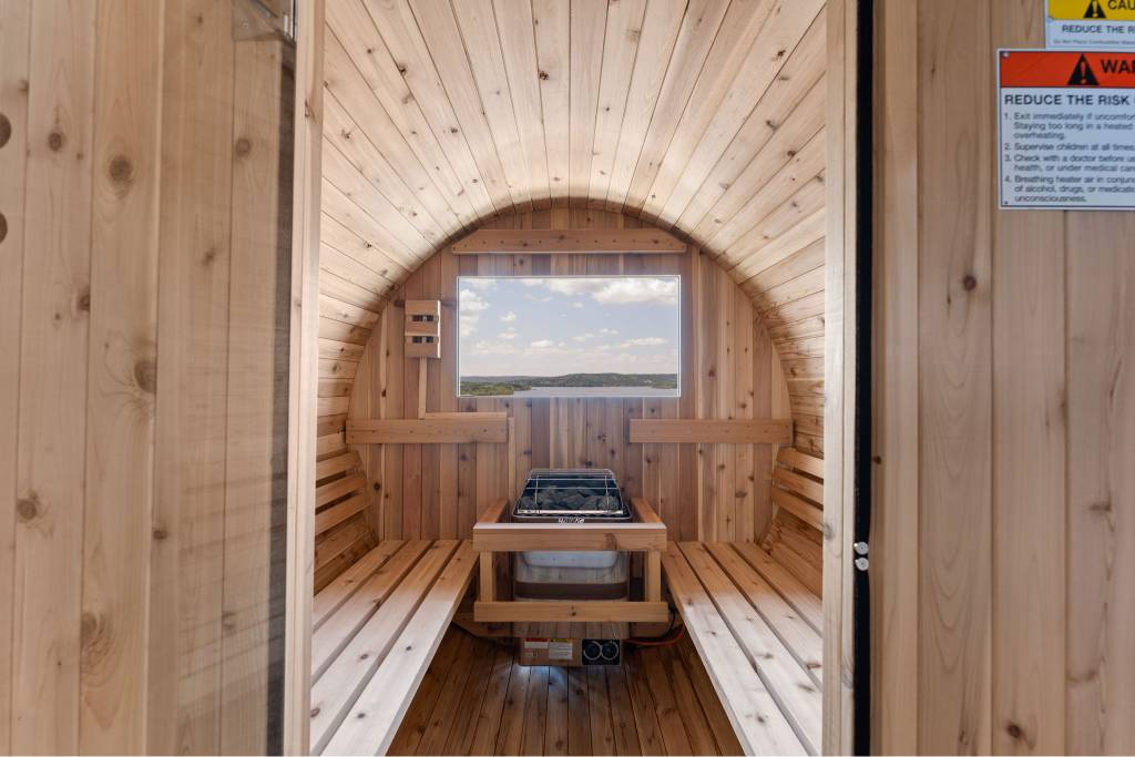 Barrel sauna on back deck overlooking Table Rock Lake