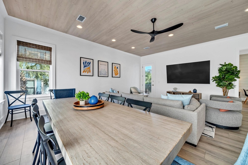 Gather the crew around the big table for dinner or game night—there’s even a high chair ready for your littlest guest!