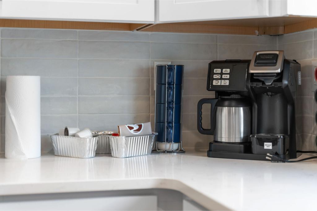 Coffee lovers rejoice—brew a full pot or a quick cup, with all the fixings ready for you.