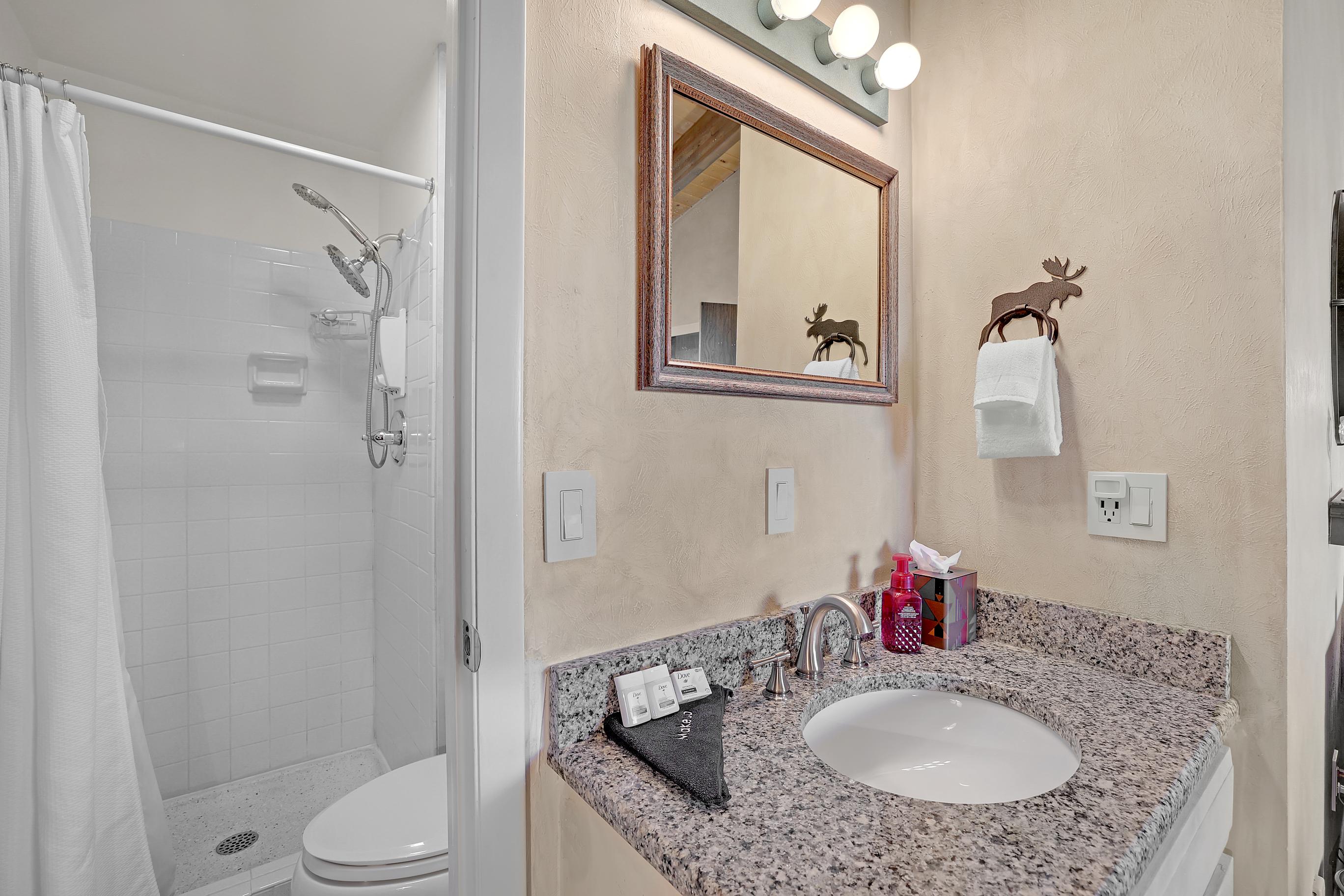 Main floor ensuite bathroom with shower, toilet, and vanity. Shampoo, conditioner, and soap provided.