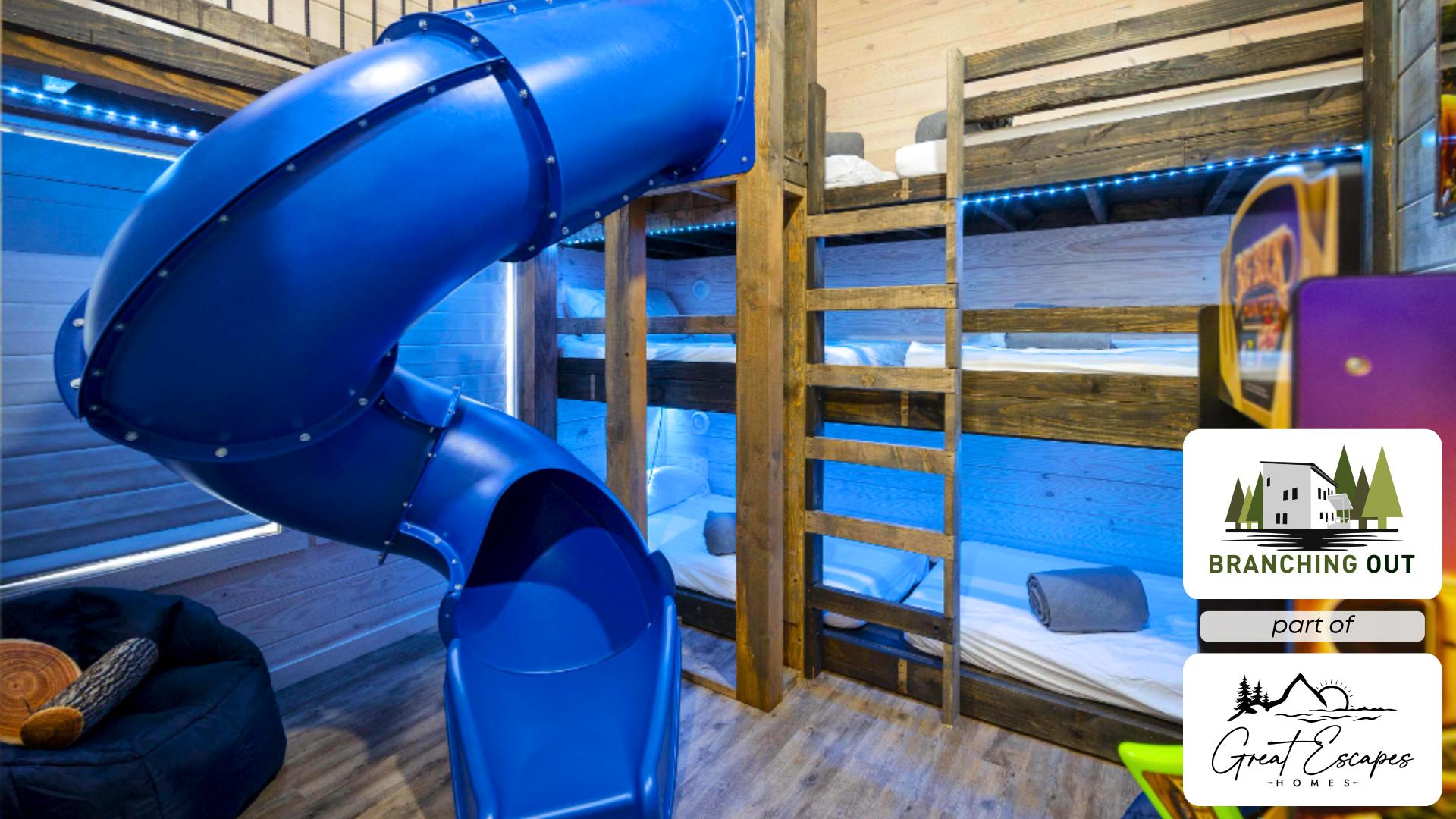The fun never stops at Branching Out! Kids will love sliding, climbing, gaming, and chilling in this action-packed bunk room made just for them.