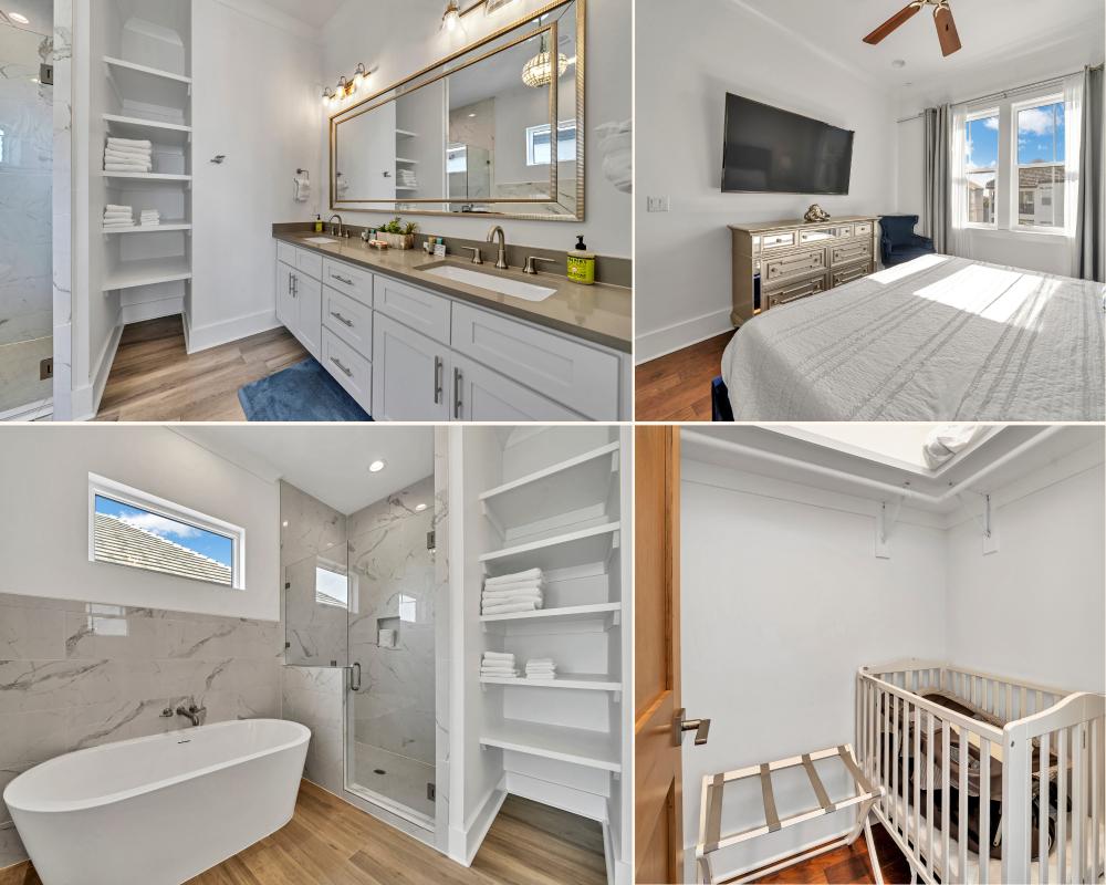 Master suite with king bed, spacious bathroom, walk-in closet with mini crib & Pack ’n Play—perfect for a comfortable family stay.