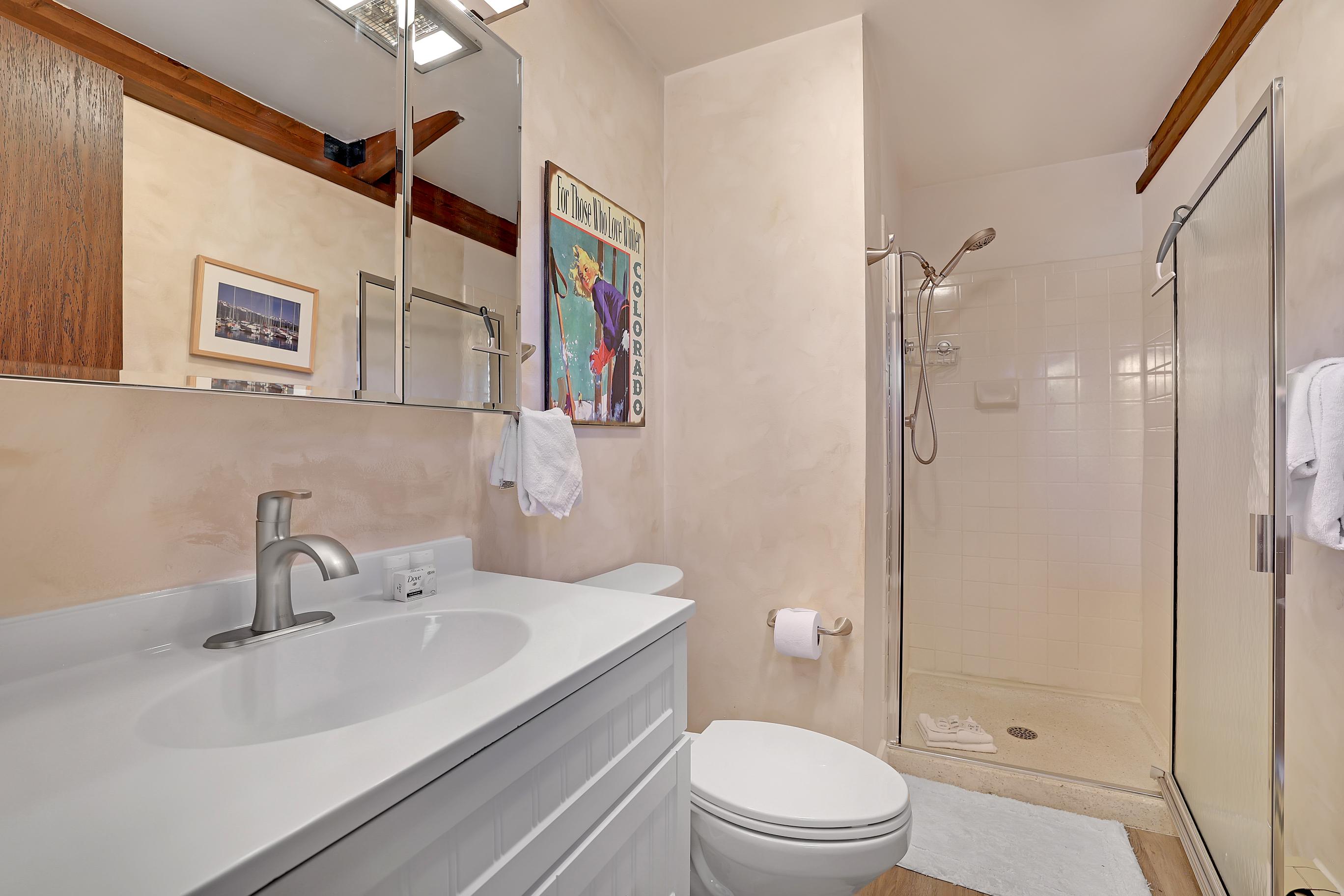 Upstairs king bedroom ensuite bathroom with shower and full vanity