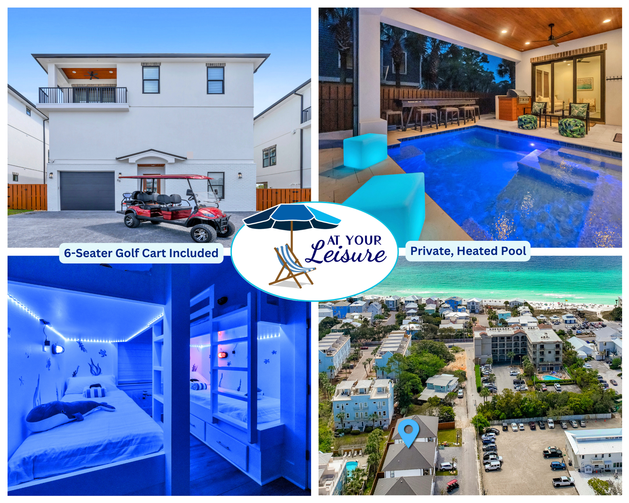AT YOUR LEISURE! Start your getaway in style—this 3-story home includes a golf cart, tons of space, and room for the whole crew!