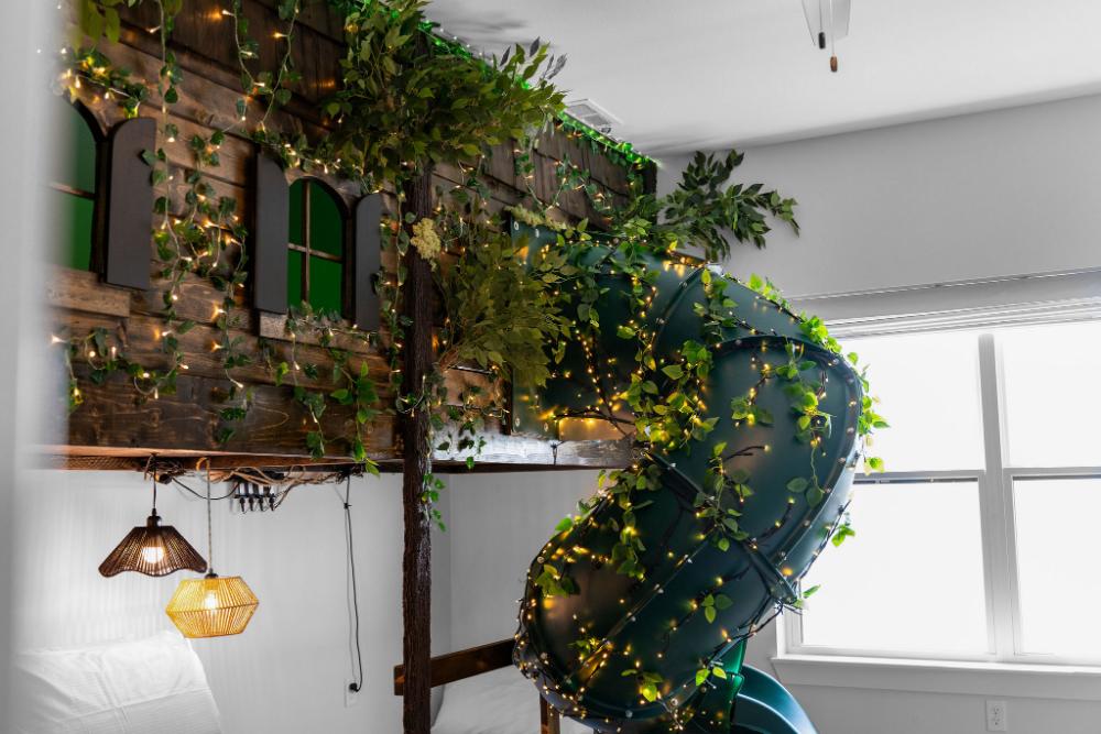 Upstairs bunks feature a fun tube slide that kids can’t get enough of.