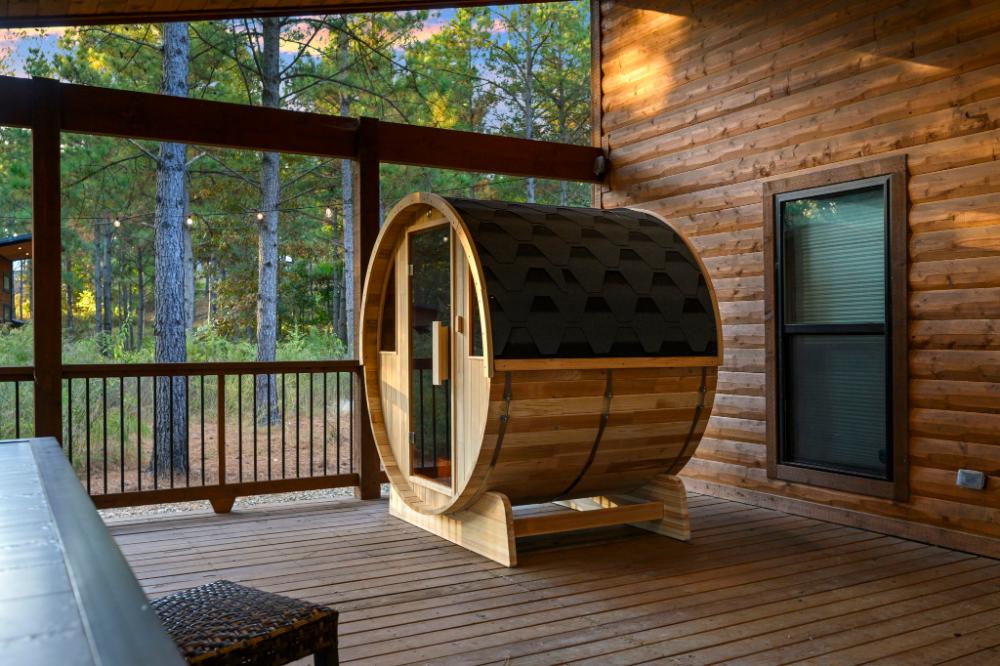 Unwind and relax in the barrel sauna available on the back deck adjacent to the hot tub.