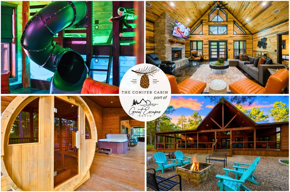 Welcome to THE CONIFER CABIN by Great Escapes Homes in Broken Bow! Enjoy the endless entertainment in this cabin in the woods with sauna, hot tub, backyard games, and luxury living indoors.