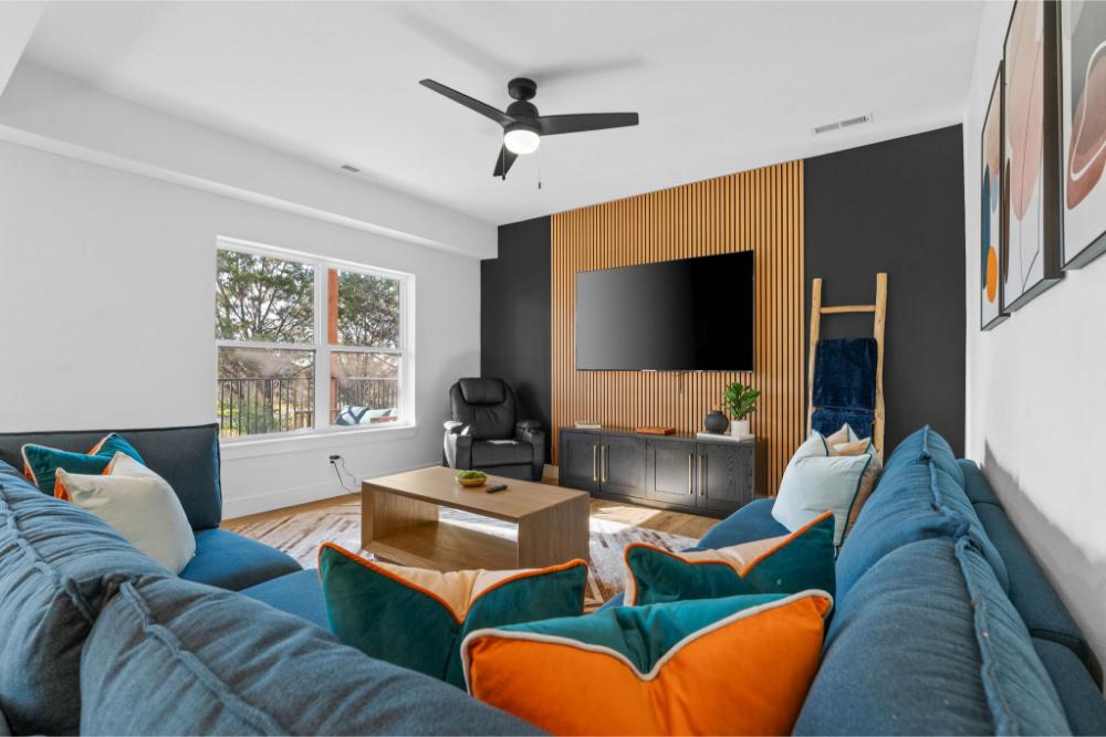 Relax in the massage chair while streaming your favorite shows in this comfort-focused space.