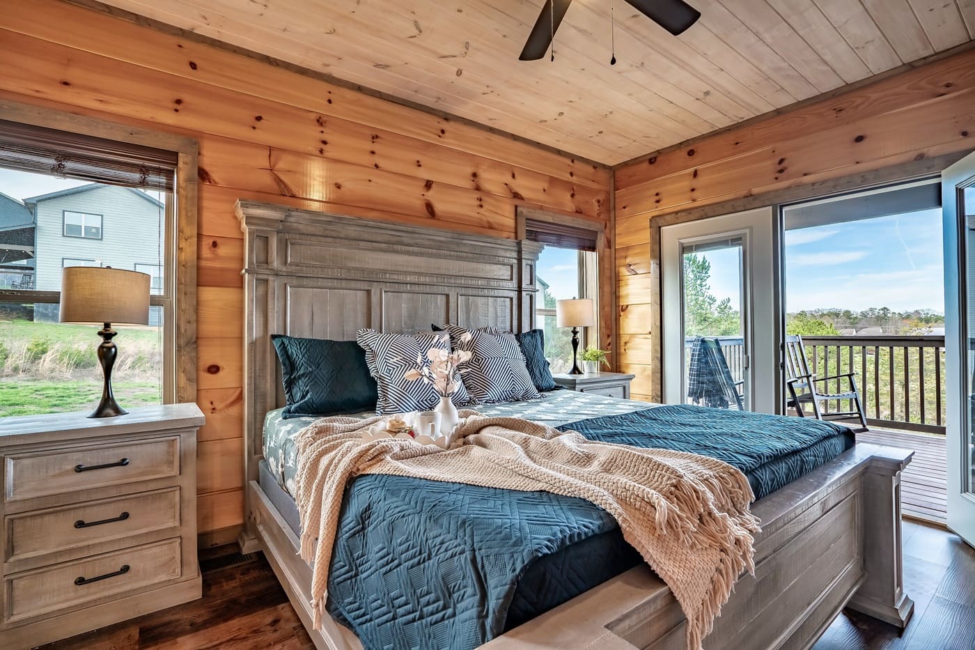 Enjoy mountain views from bed, then step outside through the double doors to take in the fresh Smoky Mountain air.