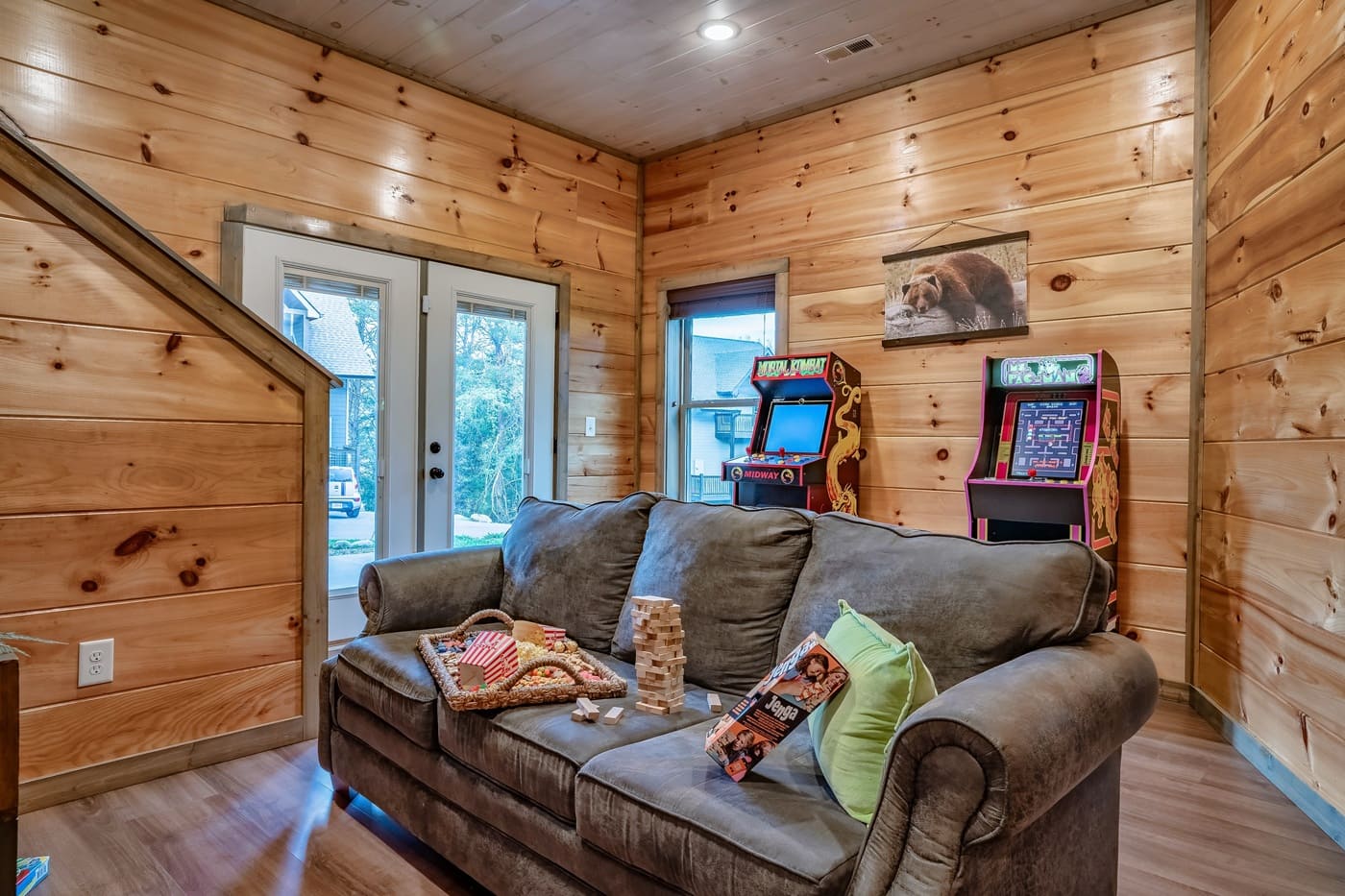 Fun for all ages with arcade games, comfy seating, and easy access to the outdoors.