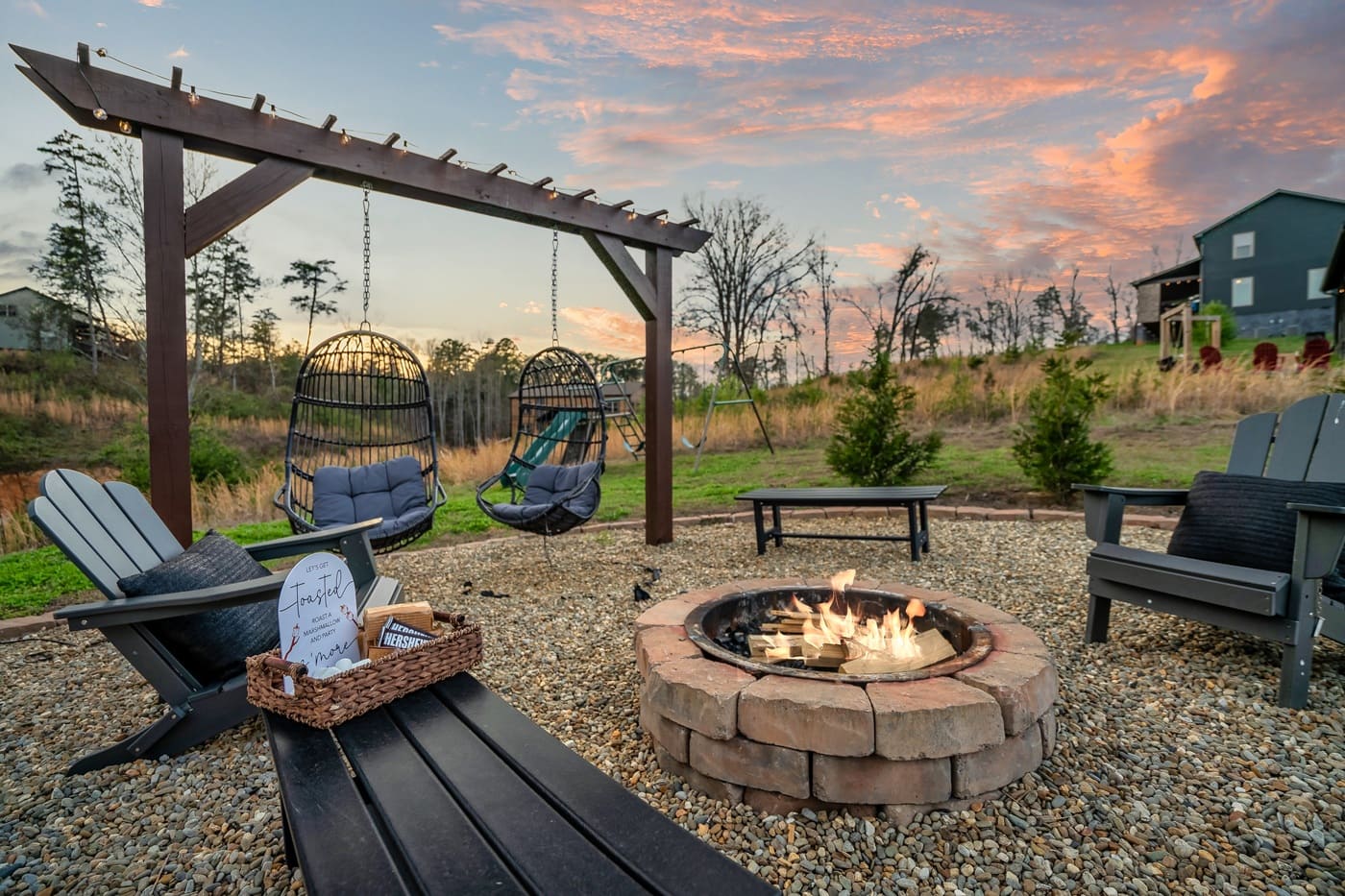 A perfect spot for s’mores and stories, surrounded by peaceful views and a beautiful evening sky.