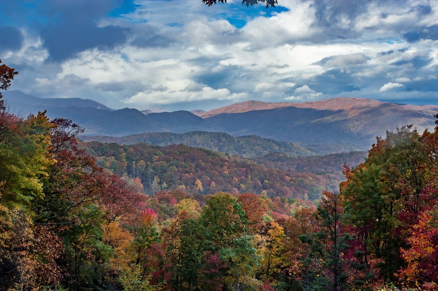 Scenic Smoky Mountain landscape with rolling hills and seasonal foliage.