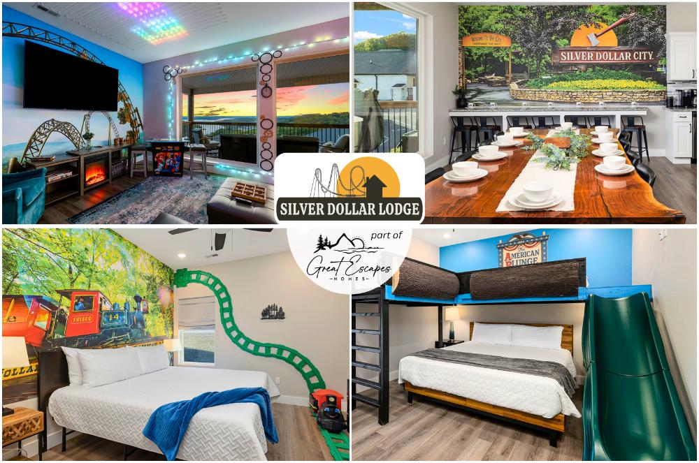 SILVER DOLLAR LODGE is a fun, SDC-themed, 9 bedroom/8 bath home with amazing lake views, entertaining amenities, and great location close to Branson & best attractions in the area.