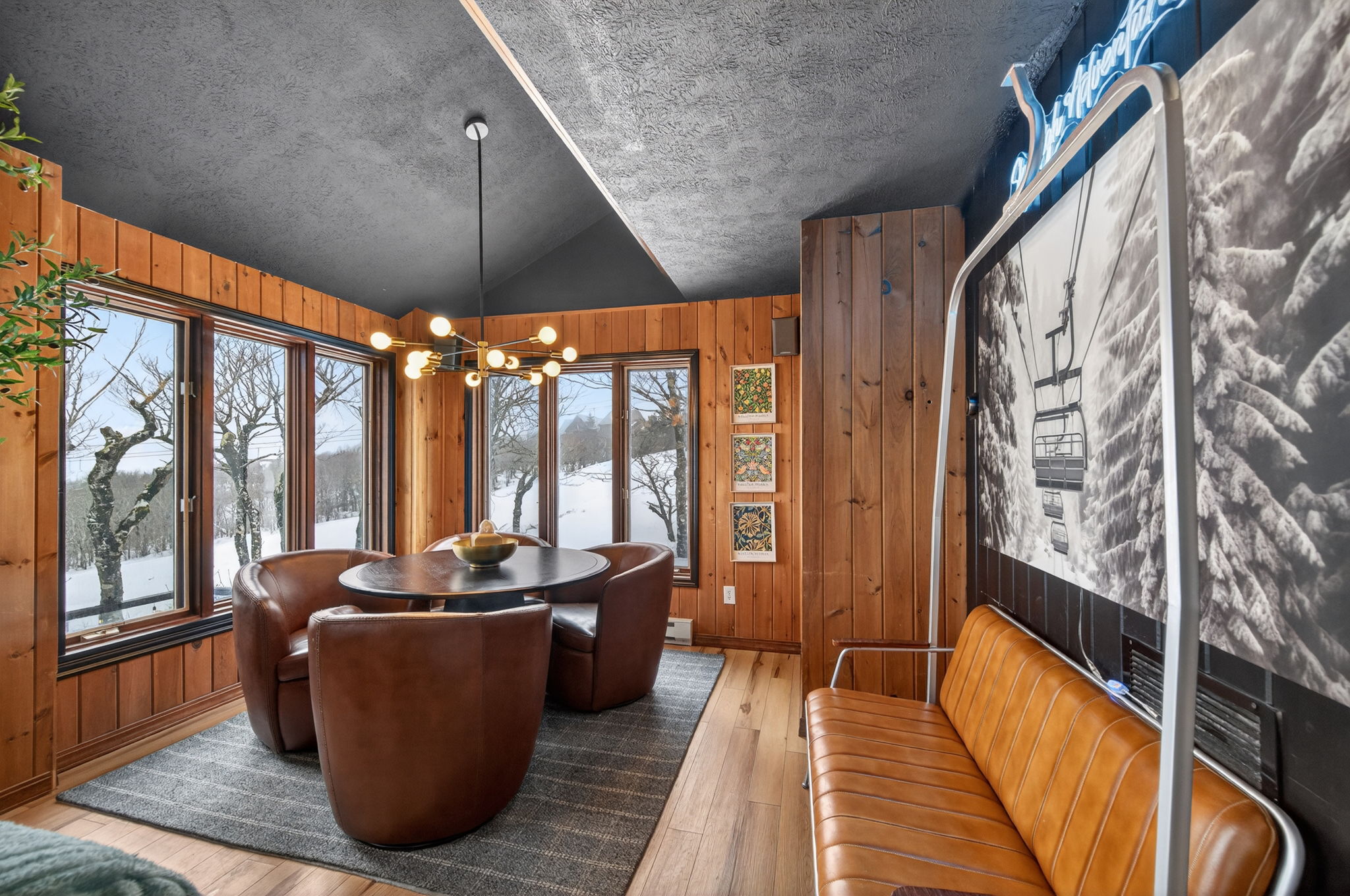 This corner nook is an awesome gathering space that is enhanced with fun ski lodge vibes and decor.