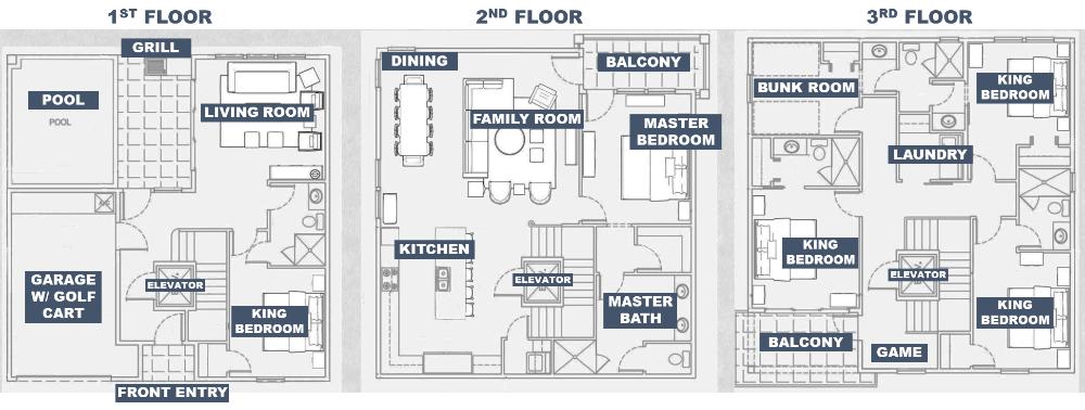 Plan your stay at AT YOUR LEISURE by Great Escapes Homes. Check out the floor plan with over 3000 sqft of luxury living space!