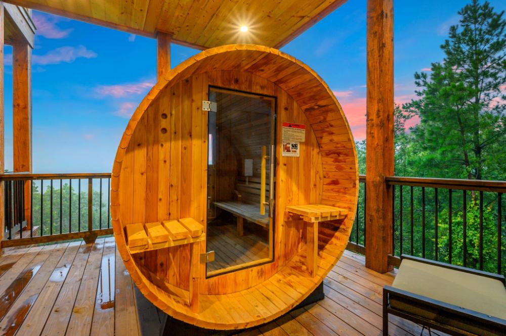 Barrel sauna, mountain air, and total quiet. This is what a Broken Bow trip is supposed to feel like.