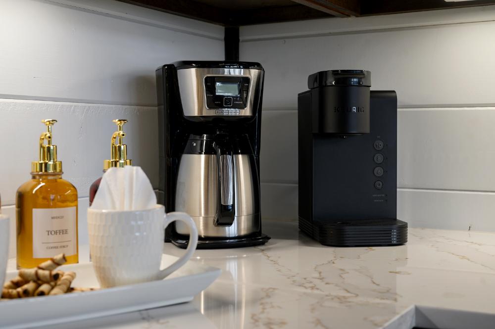 The coffee station is set up, the beans are ready, and all you have to do is press go. Mornings at this property are easy on purpose.