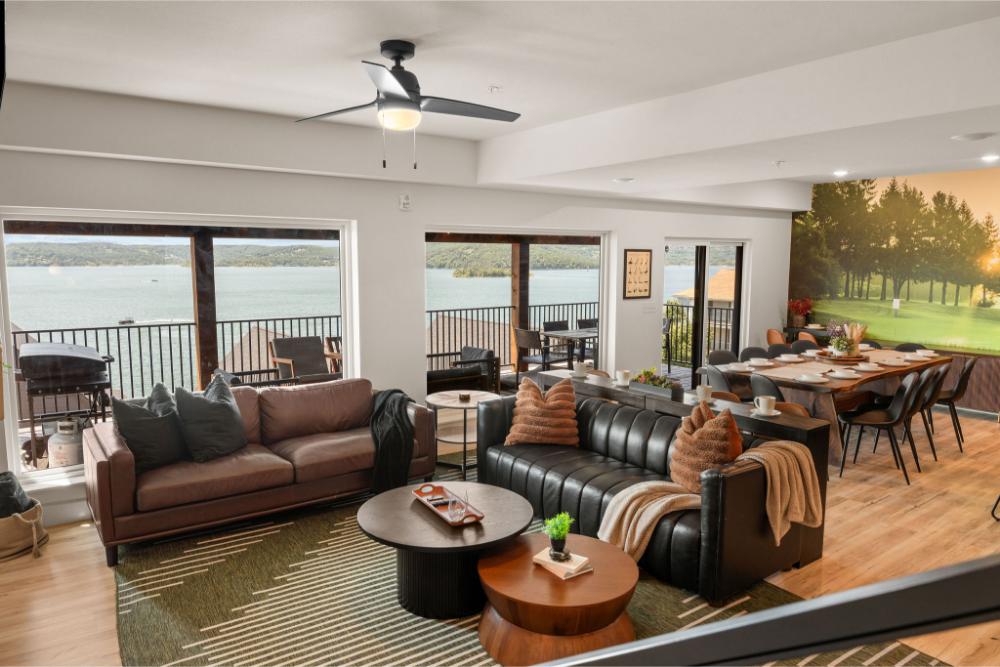 This spacious great room combines comfort and style for large group gatherings.