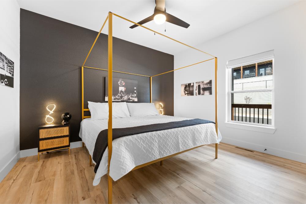 This main-level king suite combines boxing-inspired décor with a private ensuite bathroom and comfortable accommodations.