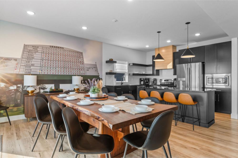 Open-concept kitchen comes fully stocked and offers ample prep space for cooking and gathering.