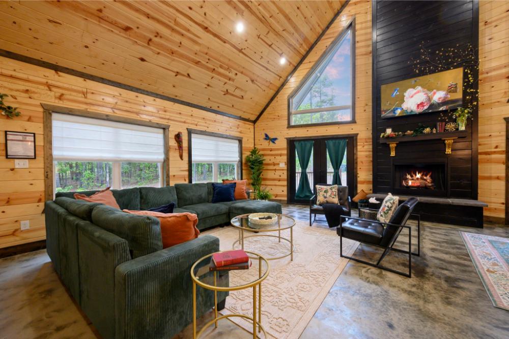 Living area with fireplace and streaming-enabled TV.