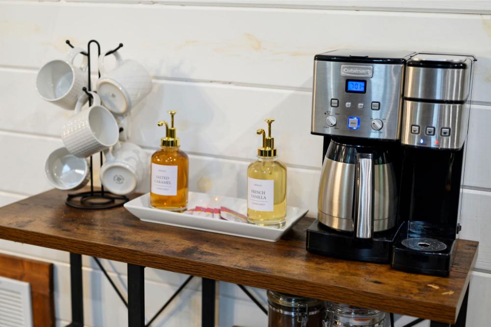 Fuel your mornings at the coffee bar with options for coffee, lattes, or tea.