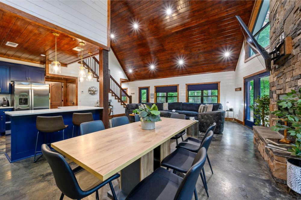 Dining table designed for group meals and gatherings.