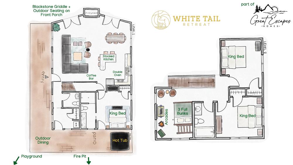 White Tail Retreat is a 2 story cabin with 3 king bedrooms and bunk room with 3 full size bunks + 2.5 bathrooms